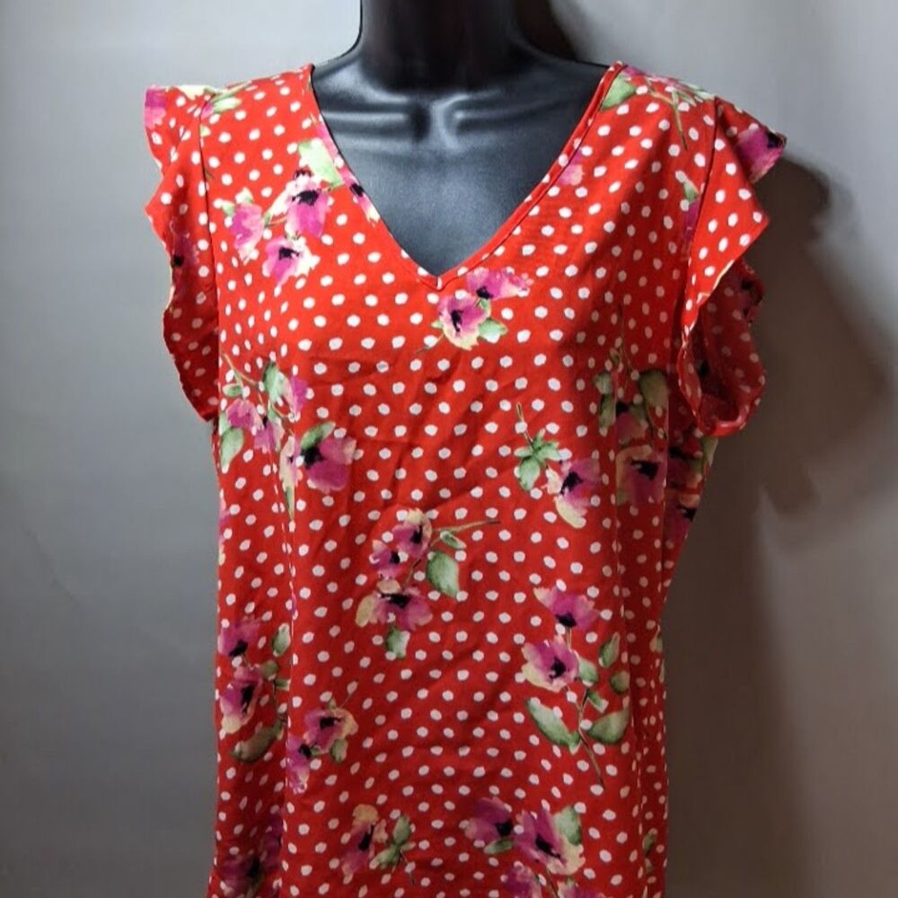 Andree by UNIT Floral Polka Dot Ruffle Sleeve V Neck Top Blouse Red Medium M